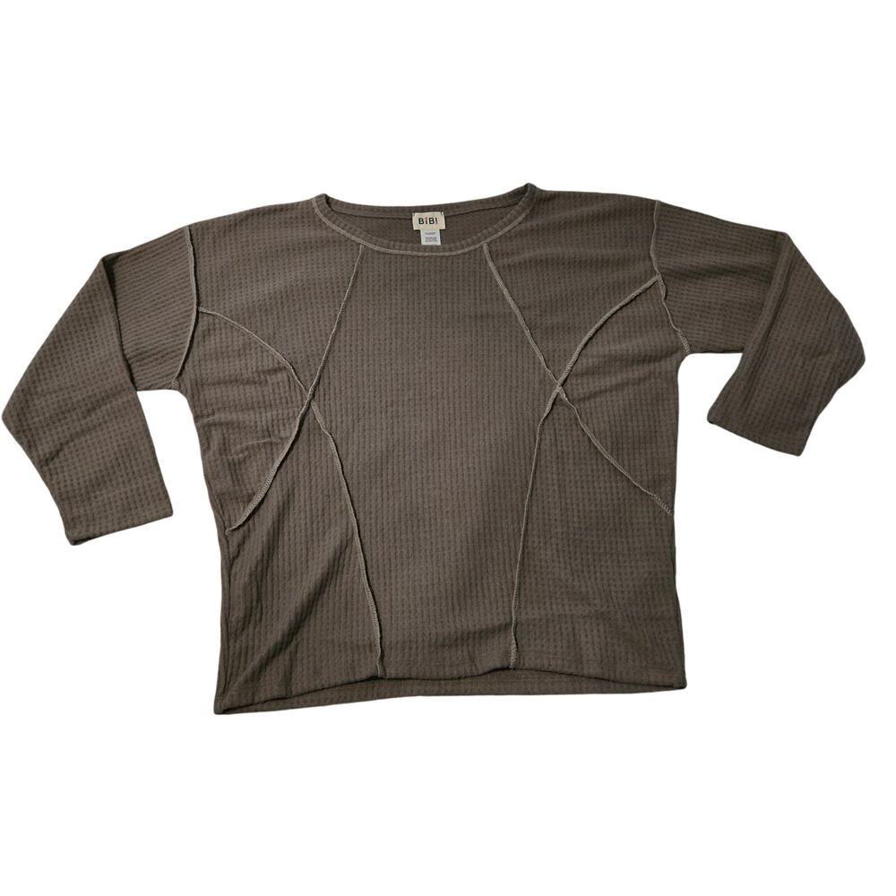 Bibi Mocha Brushed Waffle Top Size Small 3/4 Length Sleeves